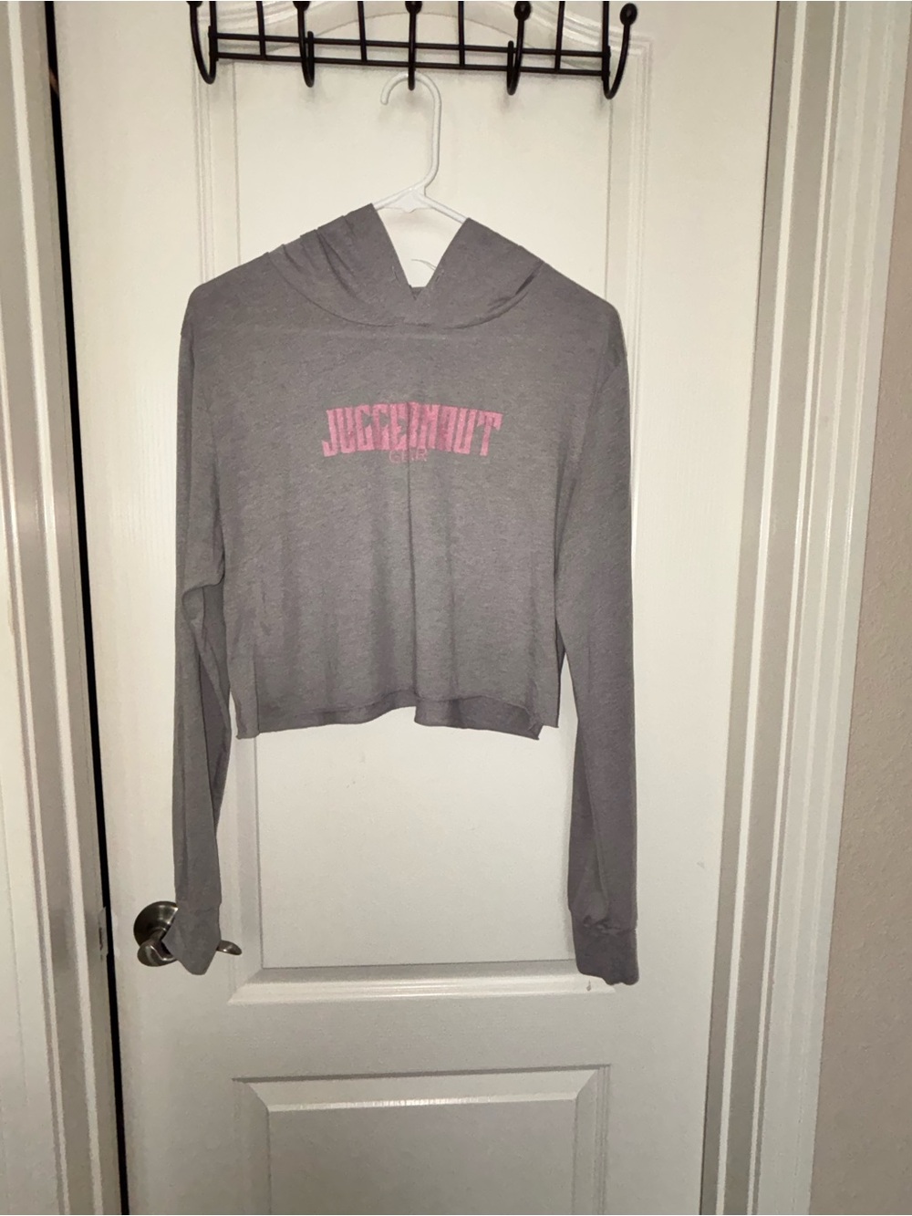 Gray Cropped Hoodie Sweater with Pink Logo